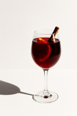 Warm non-alcoholic mulled wine in a glass with cinnamon and orange, minimalist style.