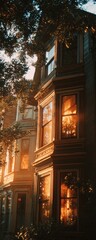 Golden hour sunlight illuminates a row of houses, highlighting a bay window