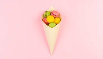 Soft pink cone filled with macarons on monochrome backdrop for branding slides