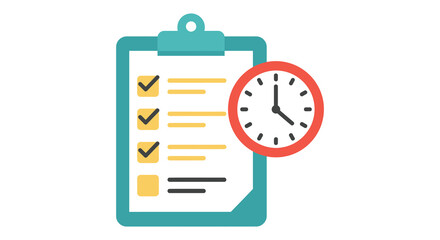 A clipboard with a checklist and a clock on the side
