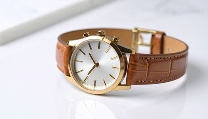 Luxury wristwatch on marble surface with gold accents as lifestyle product shot