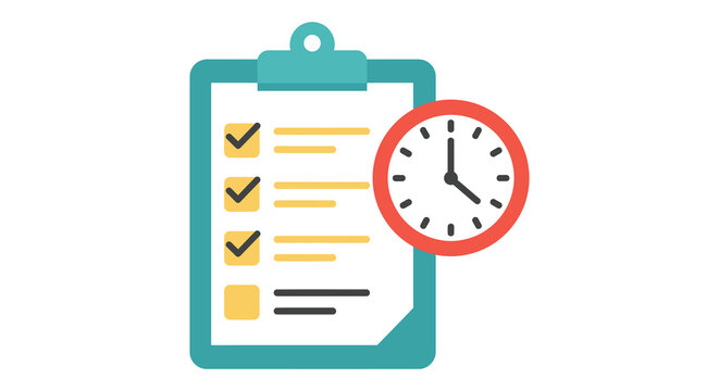 A clipboard with a checklist and a clock on the side