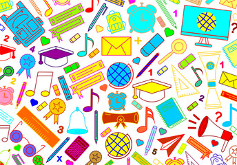 Seamless school-themed pattern background. School vector frame background. Office suppiles line set pattern. Set of school supplies icon. Back to school with doodle icons of education.