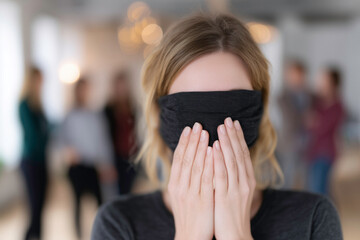 In un ufficio una donna in primo piano copre i proprio viso con una fascia nera per proteggere la sua identit&agrave;