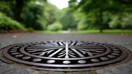 Obraz premium A detailed view of a decorative manhole cover set in a lush green park. The image captures the intricate design and surrounding nature, creating a tranquil atmosphere.