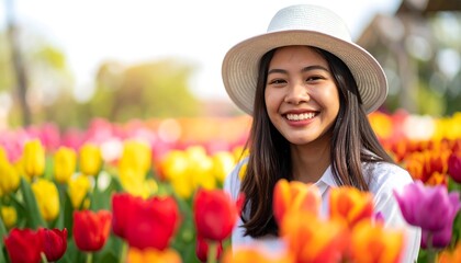 Woman smiling in a garden of tulips