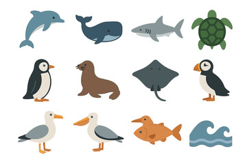 Fototapeta premium Marine animal illustrations featuring dolphins, whales, sharks, and birds