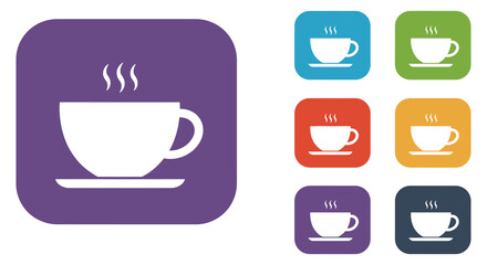Colorful coffee cup icons in different colored squares on white background
