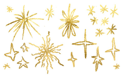 Golden stars isolated on png background.Colorful brush drawn asterisks, vector funky geometric figures. Grunge bold and thin forms. Naive playful typography design elements. Rough symbols.