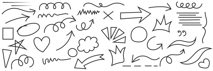 Hand drawn doodle arrows and decorative elements. Black hand drawn doodles including arrows, shapes, hearts, stars, swirls, and design elements for notes, highlights, and decoration.

