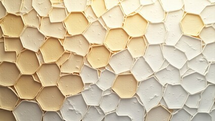 A textured surface composed of interlocking hexagonal shapes, transitioning from pale yellow to off-white, creating an intricate and visually captivating design.
