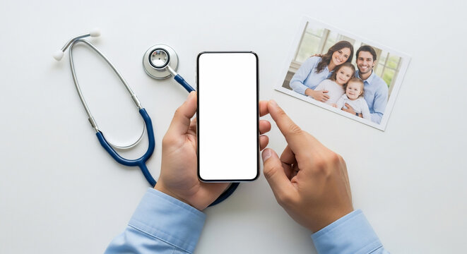 Telehealth Consultation: Hands Holding Smartphone, Stethoscope, and Family Photo