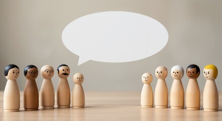 Wooden figures in conversation with speech bubble on neutral background  