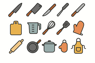 Collection of essential kitchen utensils and tools for cooking