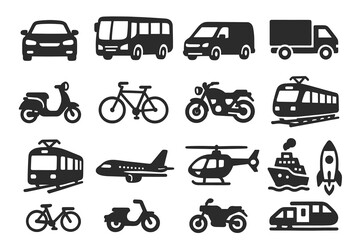 Obraz premium Variety of transportation icons: cars, bicycles, trains, aircraft, boats, rocket