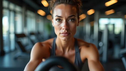 A determined female athlete focuses intently in a modern gym.