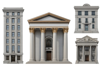 Fototapeta premium Set of American neoclassical, art deco institutional government buildings banks architectural illustrations isolated on transparent background.