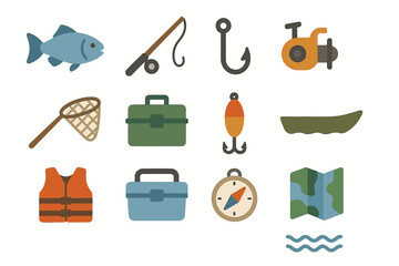 Fishing gear icons: rod, hook, tackle box, net, canoe, map, and more in flat design