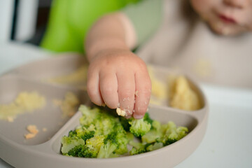 Close-up of little hand holding corn porridge and broccoli pieces. Detailed shot showing early independent eating skills development.