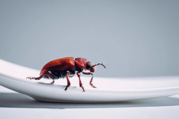 Red beetle on white ceramic spoon, macro photography with minimalistic style, eco friendly concept, natural texture, soft lighting, and detailed insect anatomy