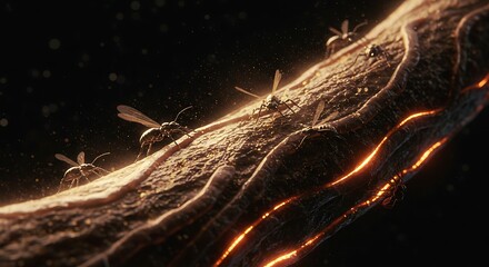 Mysterious Ant-like Creatures Crawling on a Tree Root