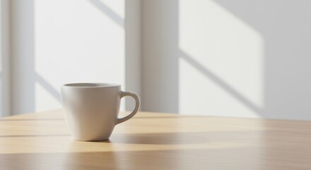 Minimalist Ceramic Coffee Cup Mockup on Wooden Table with Natural Light and Shadows – Blank Template for Product Design and Branding