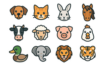 Obraz premium Cartoon animal faces collection featuring dog cat rabbit horse cow sheep pig chicken duck elephant lion tiger
