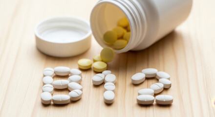 Vitamin b12 tablets scattered on a wooden surface with a pill bottle and lid