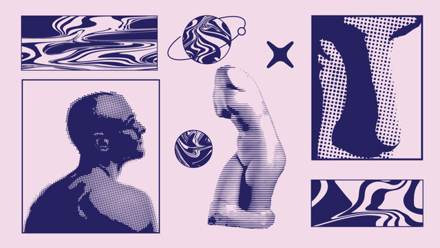 Brutalist visual collage with male portrait torso and planets, abstract textures. Concept of creativity, human identity, cosmic imagination, education, modern art and cultural reflection.