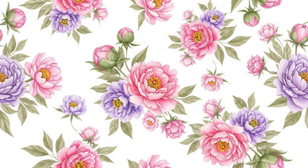 Watercolor floral pattern featuring pink and purple peony blooms on a white background