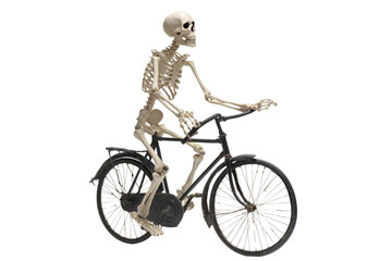 Naklejka premium A Halloween skeleton riding a bicycle, isolated on a transparent background.