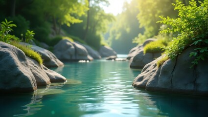 Naklejka premium A serene river scene, featuring smooth grey rocks lining the tranquil waterway, surrounded by lush greenery.
