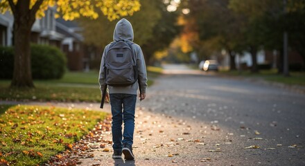 Fototapeta premium Boy walking on autumn street with backpack during sunset 