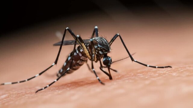 close-up video of a mosquito sucking blood from human skin. AI video