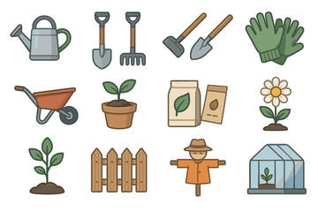 Garden tools and supplies icons set with plants and seedlings