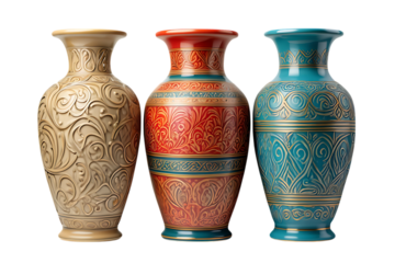 Collection of Three Ornate Ceramic Vases with Intricate Gold Scrollwork and Vibrant Decorative Patterns