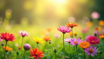 Obraz premium Vibrant wildflowers in a lush meadow bathed in sunlight, creating a beautiful natural background perfect for design projects Ideal for websites, invitations, and more , countryside, bloom