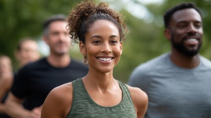 A diverse group of individuals jogging together in a park, showcasing teamwork and fitness. The atmosphere is energetic and uplifting.
