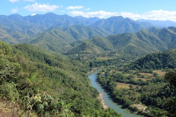 Naklejka premium High Angle View Of River Winding Through Lush Tropical Valley