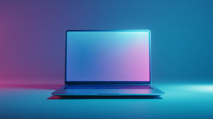 ノートパソコンがサイアン光で静かに際立つ