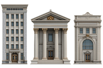Fototapeta premium Collection of American neoclassical, art deco institutional government buildings banks architectural illustrations isolated on transparent background.