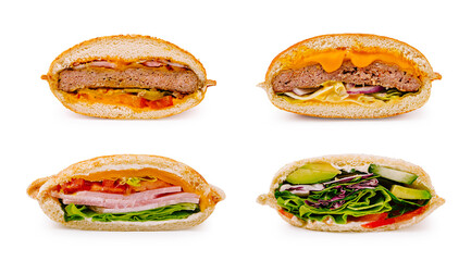 Different types of sandwich cut in half showcasing fillings and bread