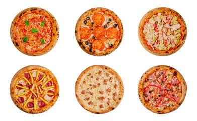 Delicious assortment of artisan pizzas on a white background