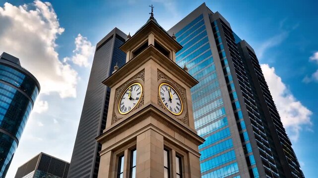 Historic clock tower surrounded by modern glass skyscrapers with dramatic clouds moving across blue sky in urban downtown business district