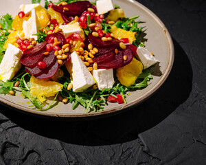 Colorful salad with beets, oranges, and feta served on a dark surface