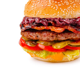 Juicy burger with toppings served on a sesame seed bun in a bright setting