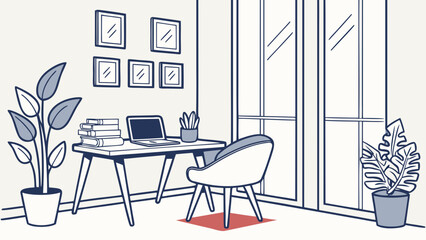 Illustration of a home office setup with desk chair laptop and plants in a bright room setting created with generated ai