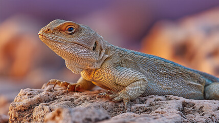 Obraz premium 夕暮れの岩場で日向ぼっこする静かなトカゲの姿