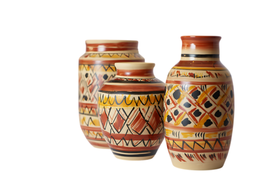 Set of Three Decorative Ceramic Vases with Earthy Toned Tribal Patterns