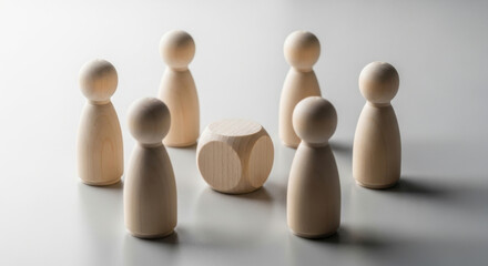Wooden figures surrounding a wooden die concept symbolizing teamwork and unity
